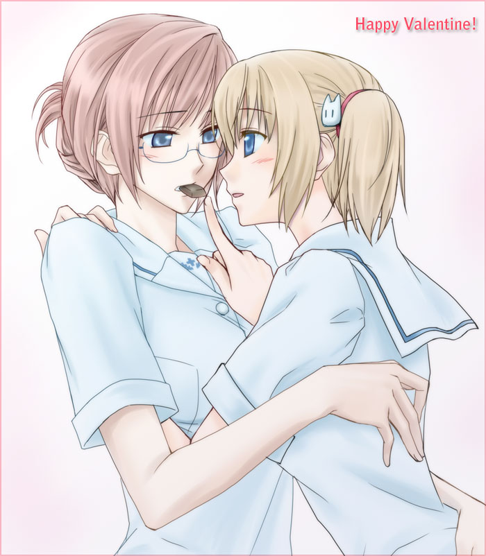 blonde_hair, blue_eyes, blush, chocolate, english, eye_contact, feeding, fervent_idiot