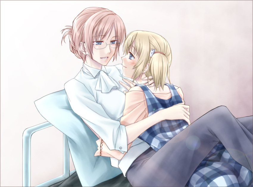 bed, blonde_hair, blue_eyes, blush, eye_contact, fervent_idiot, glasses, hakuisei_ren'ai_shoukougun