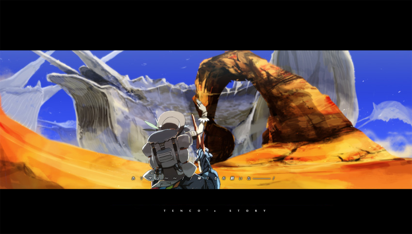 backpack, bag, desert, fingerless_gloves, from_behind, gloves, hat, hinanawi_tenshi