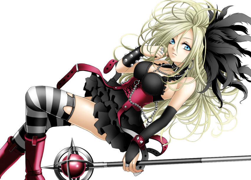 blonde_hair, blue_eyes, breasts, collar, corset, dragon_quest_swords, elbow_gloves, gloves