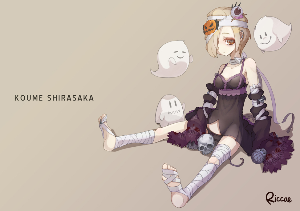 babydoll, bags_under_eyes, bandage, bandages, bare_shoulders, barefoot, black_panties, blonde_hair