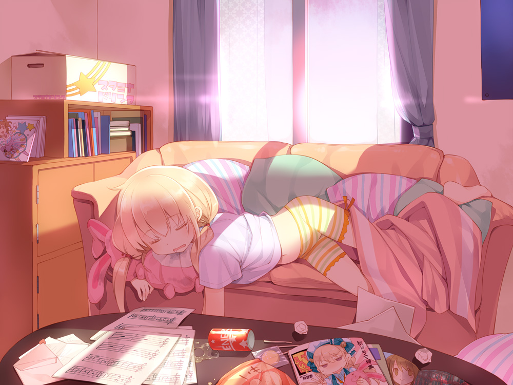 arm_(artist), barefoot, blonde_hair, blush, can, couch, futaba_anzu, idolmaster, idolmaster_cinderella_girls, long_hair, lying, magazine, on_side, open_mouth, saliva, shorts, sleeping, soda_can, solo, striped, stuffed_animal, stuffed_bunny, stuffed_toy, twintails, very_long_hair, window