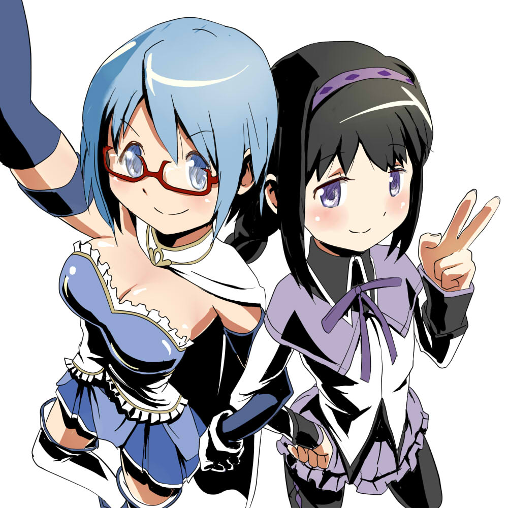 ace_(hyper_otintin_time), akemi_homura, argyle, argyle_legwear, bespectacled, black_hair, blue_eyes, blue_hair, blush, braid, breasts, cape, cleavage, elbow_gloves, frills, glasses, glasses_switch, gloves, hairband, long_hair, magical_girl, mahou_shoujo_madoka_magica, miki_sayaka, multiple_girls, pantyhose, purple_eyes, red-framed_glasses, ribbon, short_hair, skirt, smile, thigh-highs, thighhighs, v, violet_eyes