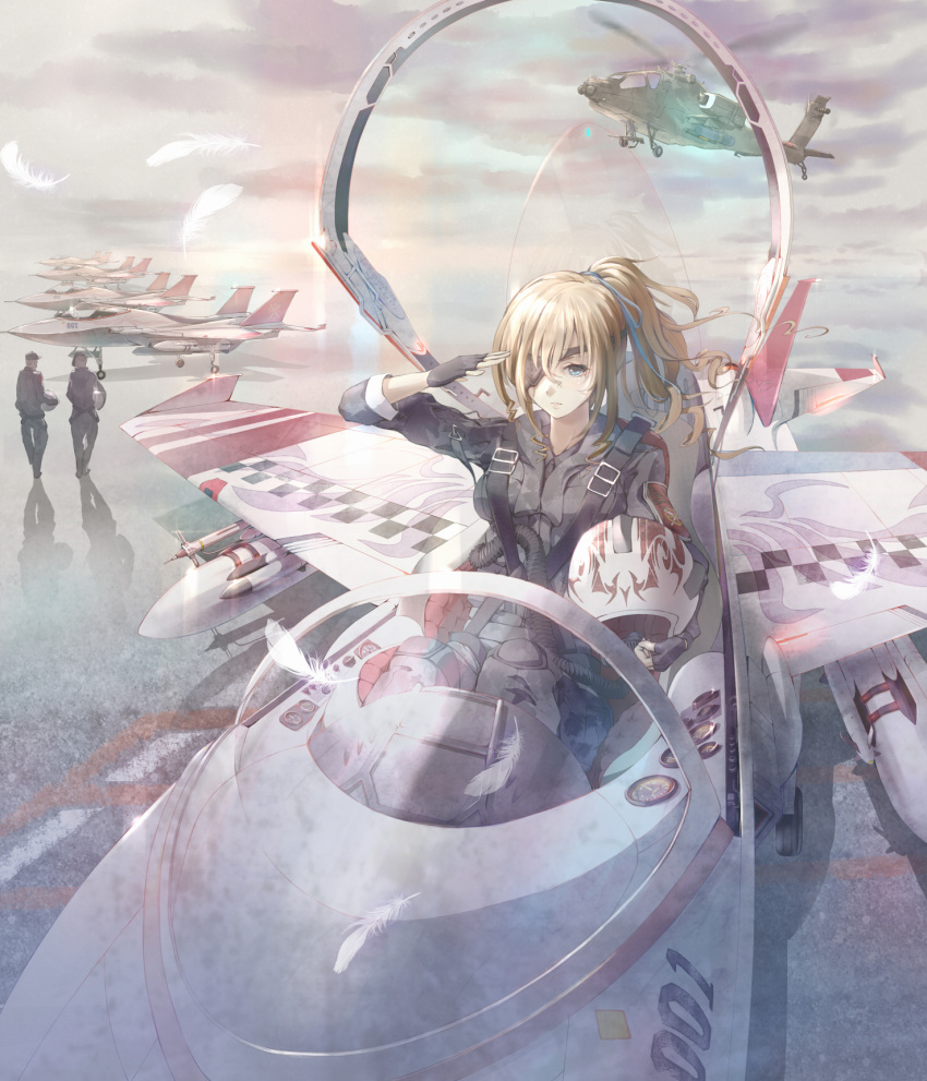2boys, ah-64, ah-64_apache, airplane, beret, black_gloves, blonde_hair, blue_eyes