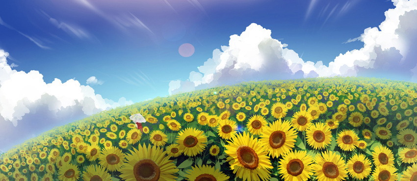 cloud, clouds, flower, flower_field, kazami_yuuka, landscape, madcocoon, scenery