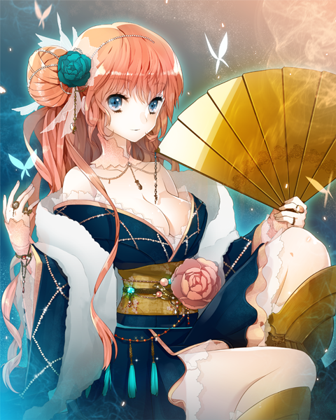 bare_shoulders, blue_eyes, bracelet, breasts, butterfly, cleavage, fan, flower