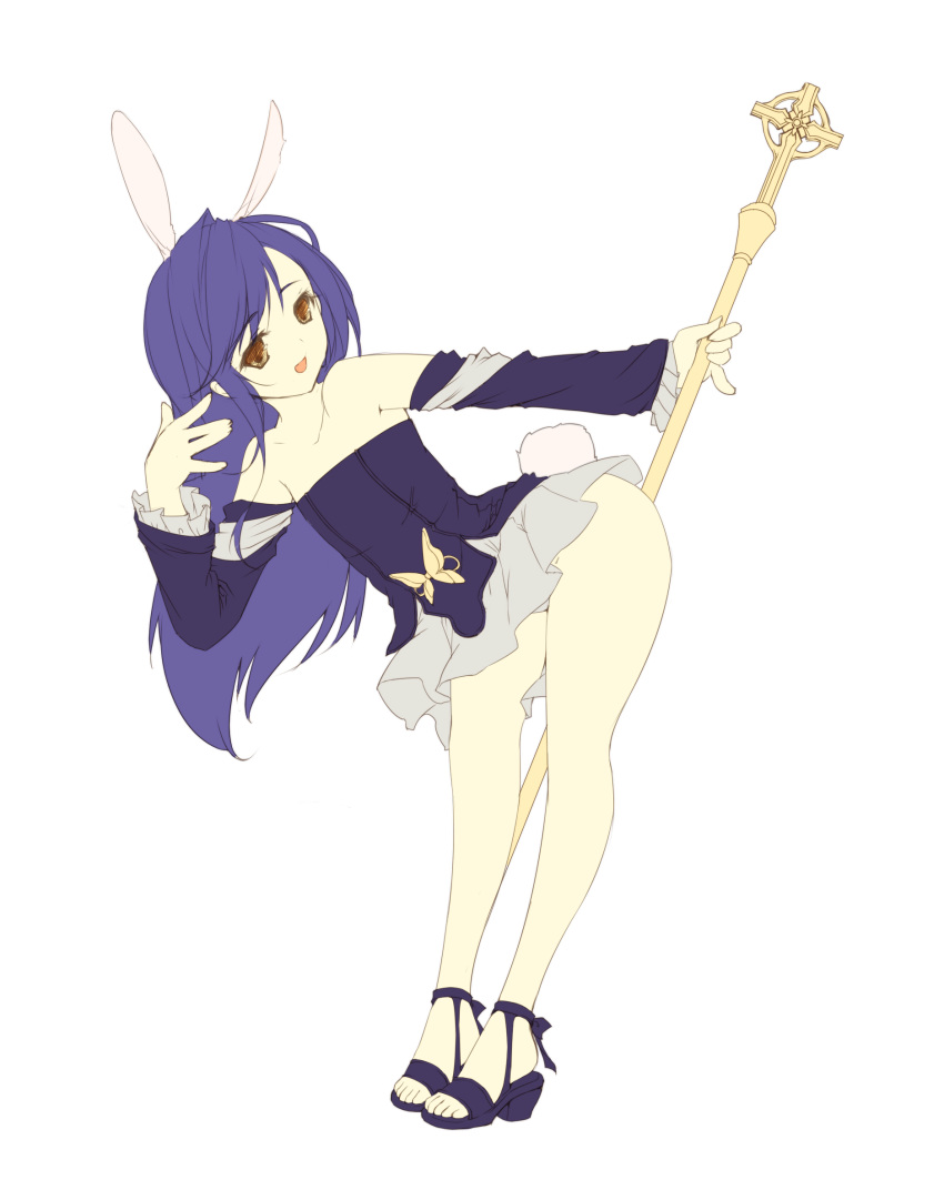 :d, animal_ears, ankle_ribbon, bunny_ears, bunny_girl, elin, elin_(tera), highres, open_mouth, priest, purple_hair, sandals, smile, staff, tera, tera_online