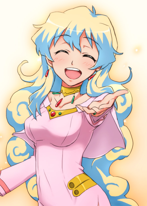 blonde_hair, dress, happy, jewelry, long_hair, multicolored_hair, nia_teppelin, outstretched_hand, pink_dress, supinosu, tengen_toppa_gurren_lagann, two-tone_hair