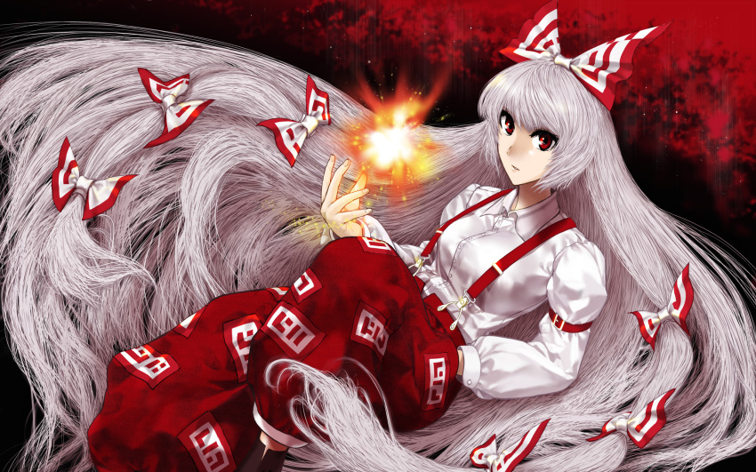 bow, buckle, dress_shirt, fire, flame, fujiwara_no_mokou, hair_bow, hair_ribbon
