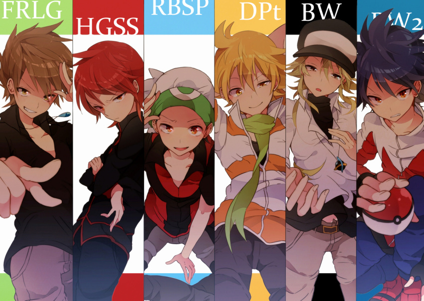 6boys, bad_hands, baseball_cap, belt, black_hair, blonde_hair, blue_hair, brown_eyes