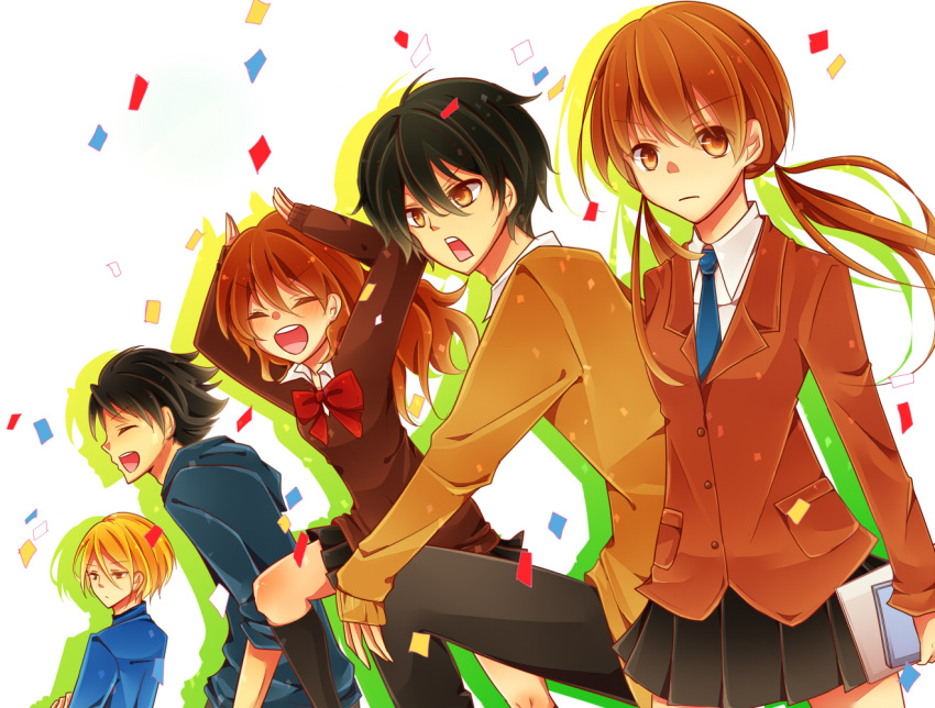 3boys, black_hair, blazer, blonde_hair, book, brown_hair, long_hair, mizutani_shizuku
