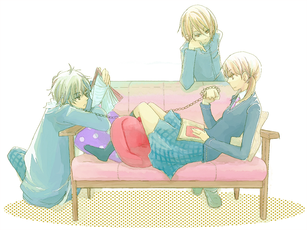 2boys, amrta, book, chain, chains, collar, couch, lying