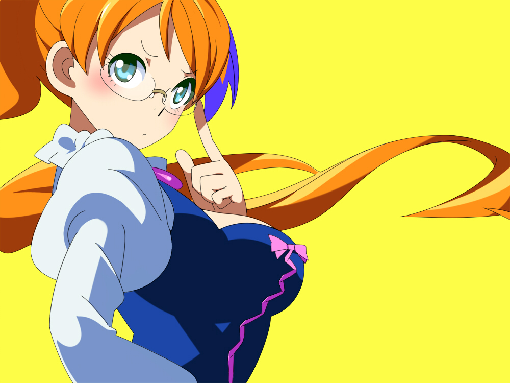 adjusting_glasses, aquarion_(series), aquarion_evol, blue_eyes, blush, bow, breasts, glasses