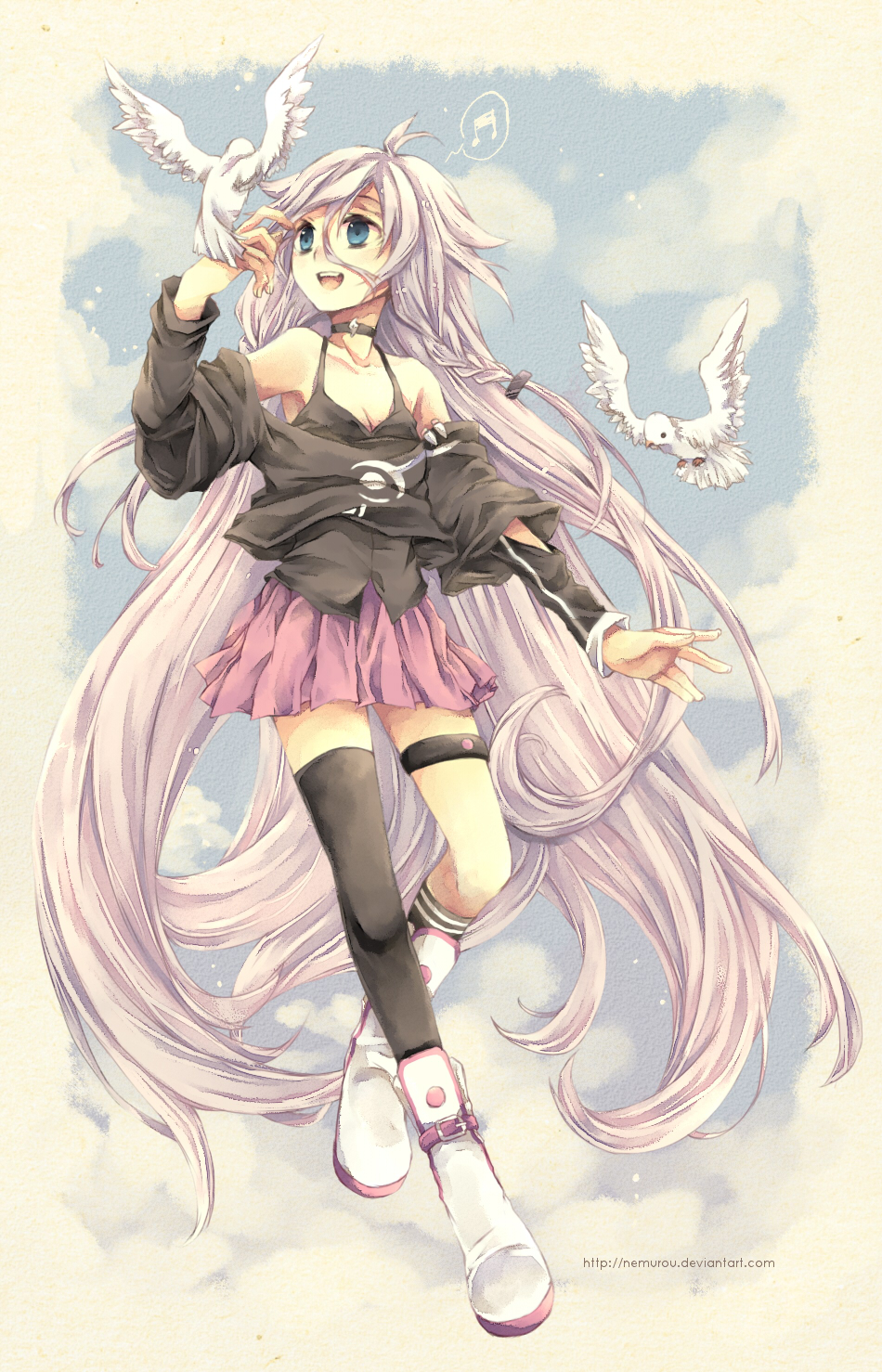 :d, bare_shoulders, bird, blue_eyes, boots, braid, casual, choker
