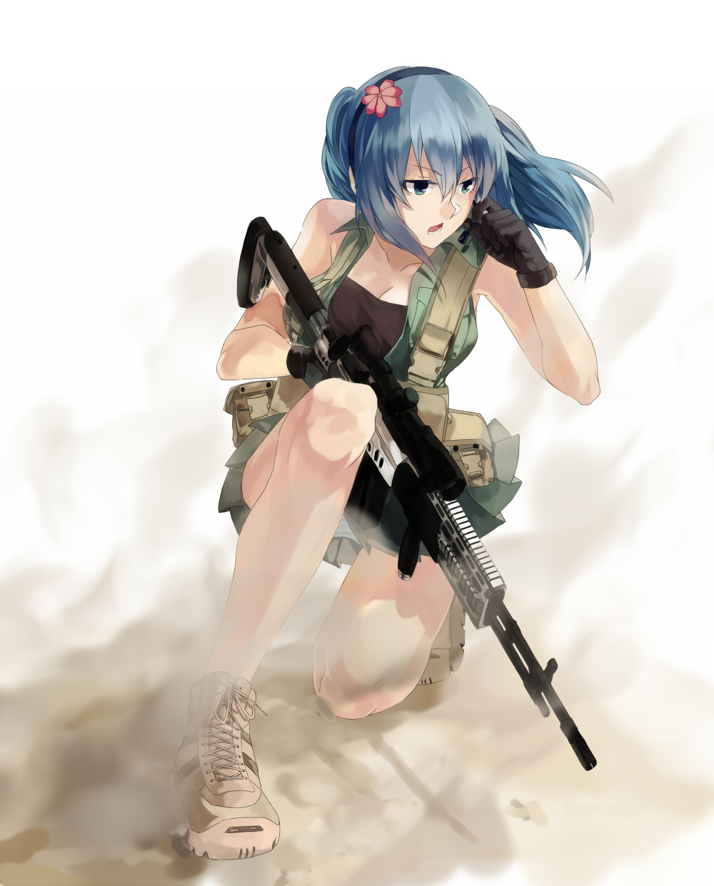 1girl, assault_rifle, bare_shoulders, battle_rifle, blue_eyes, blue_hair, boots, breasts, cleavage, flower, gloves, gun, hair_flower, hair_ornament, headset, highres, kneeling, m14, mk_14_mod_0_ebr, open_mouth, original, panties, pantyshot, pleated_skirt, rff_(3_percent), rifle, skirt, solo, striped, striped_panties, twintails, underwear, vest, weapon