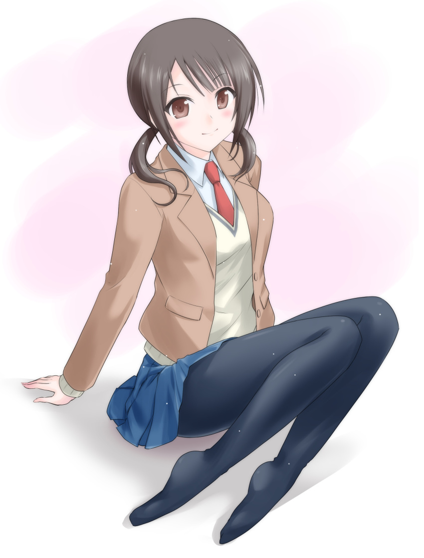 absurdres, blazer, brown_eyes, brown_hair, highres, necktie, okita_sawa, pantyhose