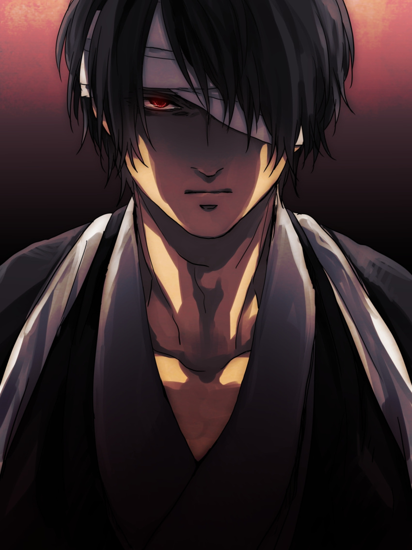 bandage_over_one_eye, black_hair, deco, gintama, highres, red_eyes, solo, stare