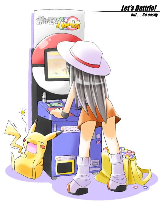 1girl, arcade_cabinet, bare_legs, blue_(pokemon), english, hat, long_hair, pikachu