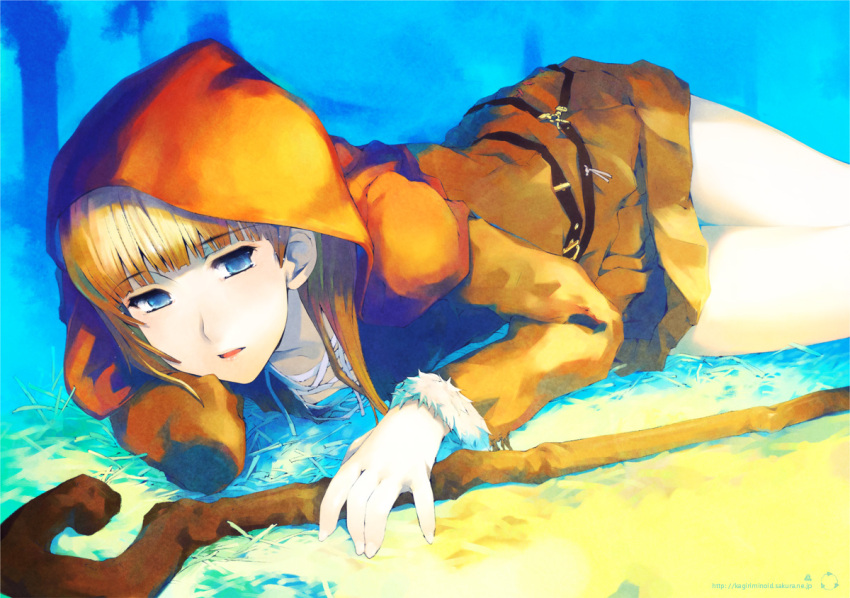 aqua_eyes, blonde_hair, copyright_request, dress, hood, lying, on_side, solo
