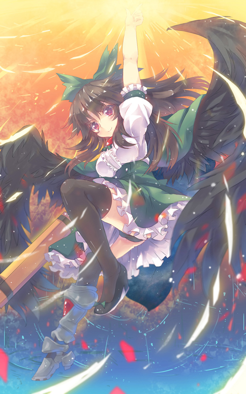arm_cannon, arm_up, black_hair, black_legwear, bow, brown_hair, cape, hair_bow