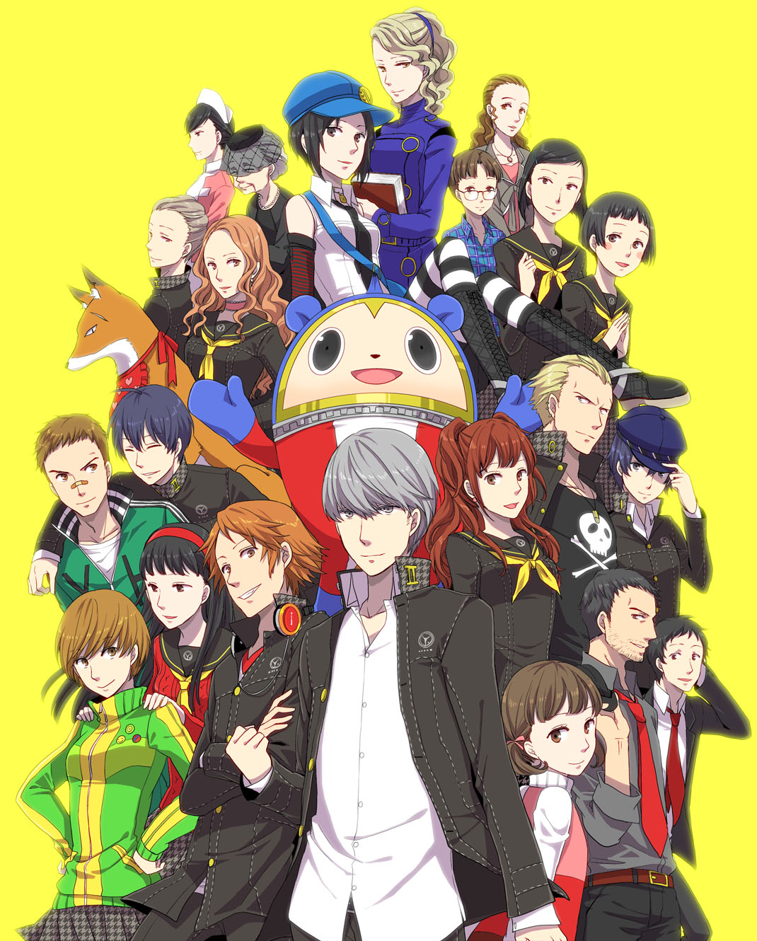 6+girls, ^_^, adachi_tooru, amagi_yukiko, arm_around_neck, bandaid_on_nose, belt, black_hair