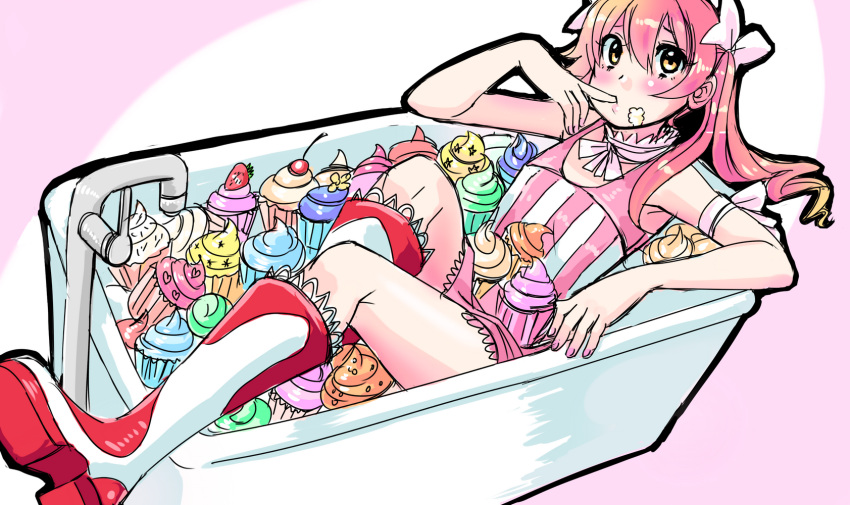 bathtub, blush, boots, bow, cream_on_face, cupcake, cupcake-chan, dress