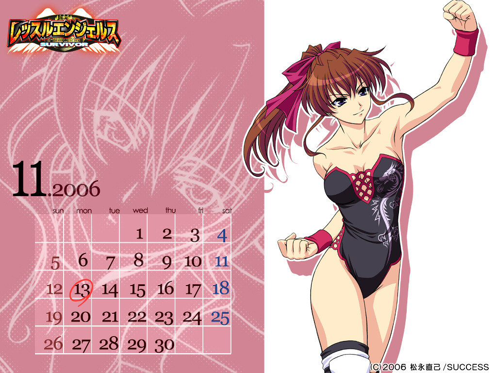 2006, arm_up, blue_eyes, bow, breasts, brown_hair, calendar, cleavage