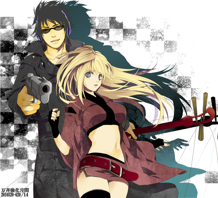 1girl, belt, blonde_hair, blue_eyes, blue_hair, enri2010, fingerless_gloves, gintama