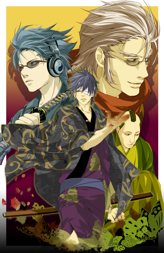 bandage_over_one_eye, blue_eyes, blue_hair, enri2010, gintama, grey_hair, headphones, japanese_clothes