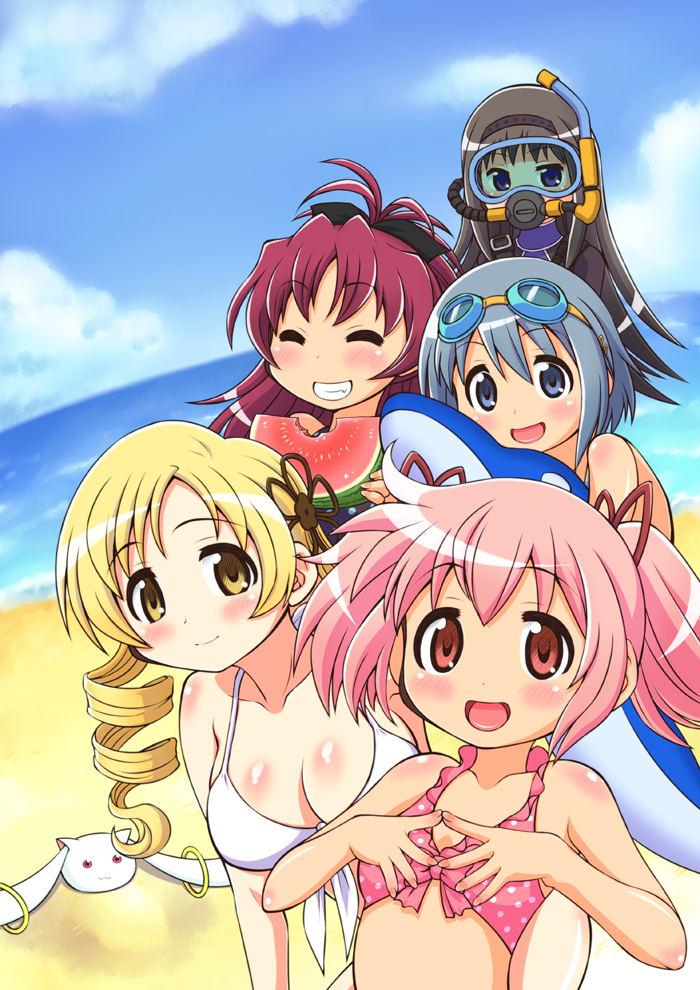 akemi_homura, beach, bikini, black_hair, blonde_hair, blue_eyes, blue_hair, closed_eyes, diving_mask, dolphin, drill_hair, eyes_closed, food, fruit, goggles, goggles_on_head, inflatable_toy, kaname_madoka, kyubey, mahou_shoujo_madoka_magica, miki_sayaka, multiple_girls, pink_eyes, pink_hair, ponytail, purple_eyes, red_eyes, sakura_kyouko, scuba, short_hair, short_twintails, snorkel, swimsuit, tomoe_mami, twin_drills, twintails, violet_eyes, watermelon, wetsuit, yellow_eyes, yuuki_akira