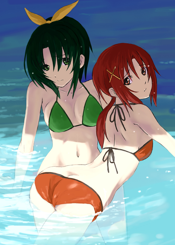 2girls, ass, bikini, breasts, ganzyu_i, green_eyes, green_hair, hino_akane