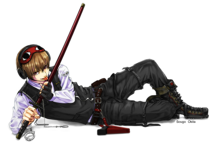 blade_licking, boots, brown_hair, cuffs, earmuffs, gintama, ha_ru_(m-ca), handcuffs