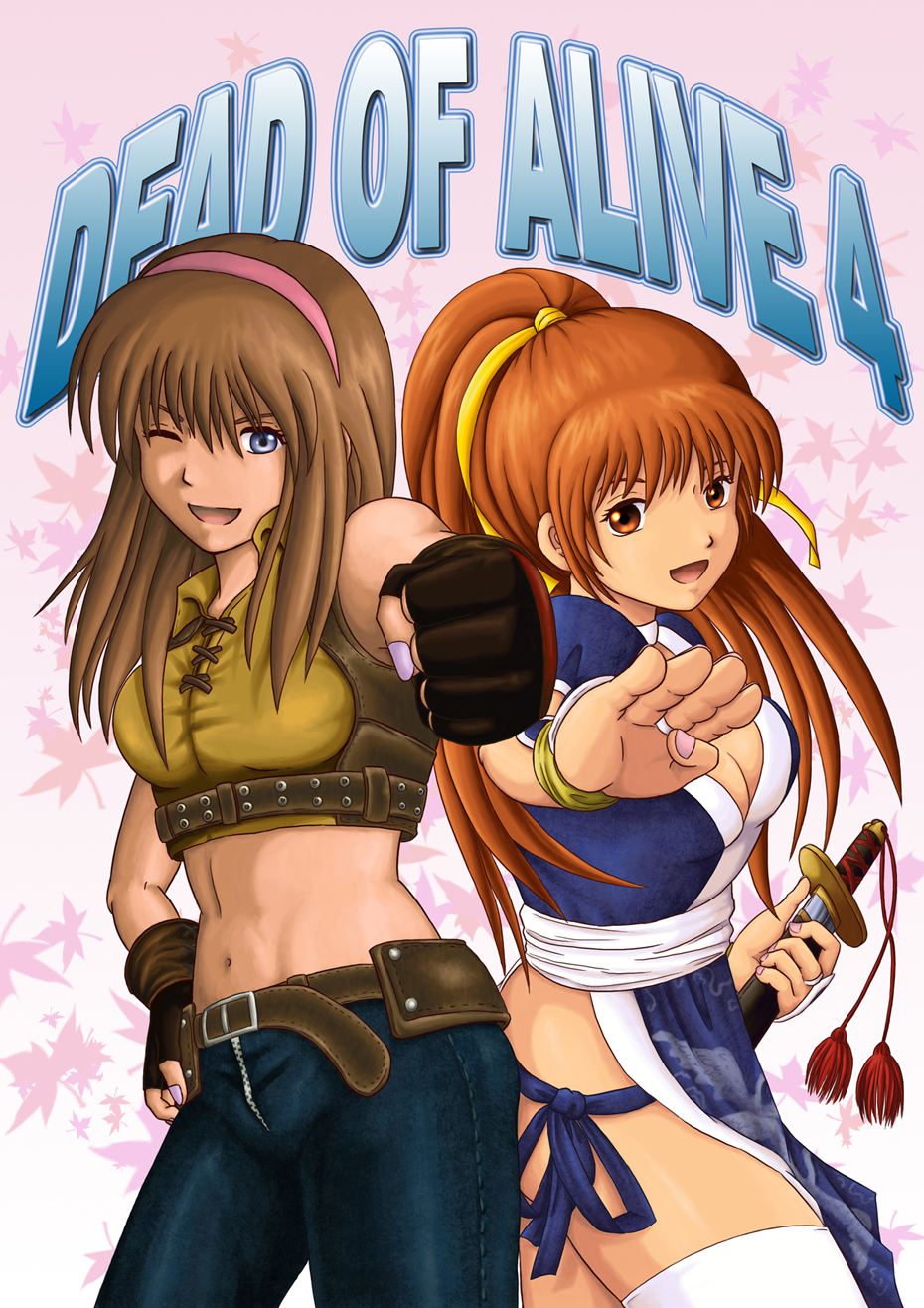 back-to-back, blue_eyes, breasts, brown_eyes, brown_hair, choker, cleavage, dead_or_alive