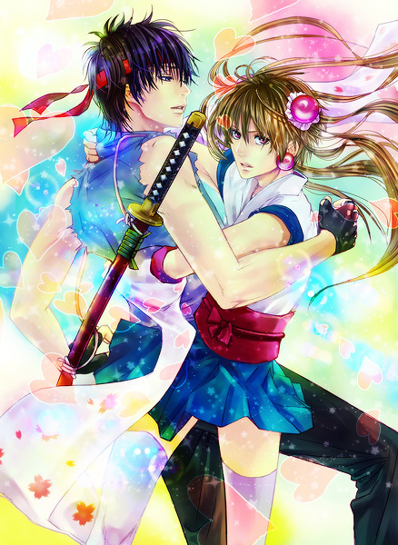 blue_eyes, bun_cover, crossdressinging, fingerless_gloves, gintama, gloves, ha_ru_(m-ca), hair_bun