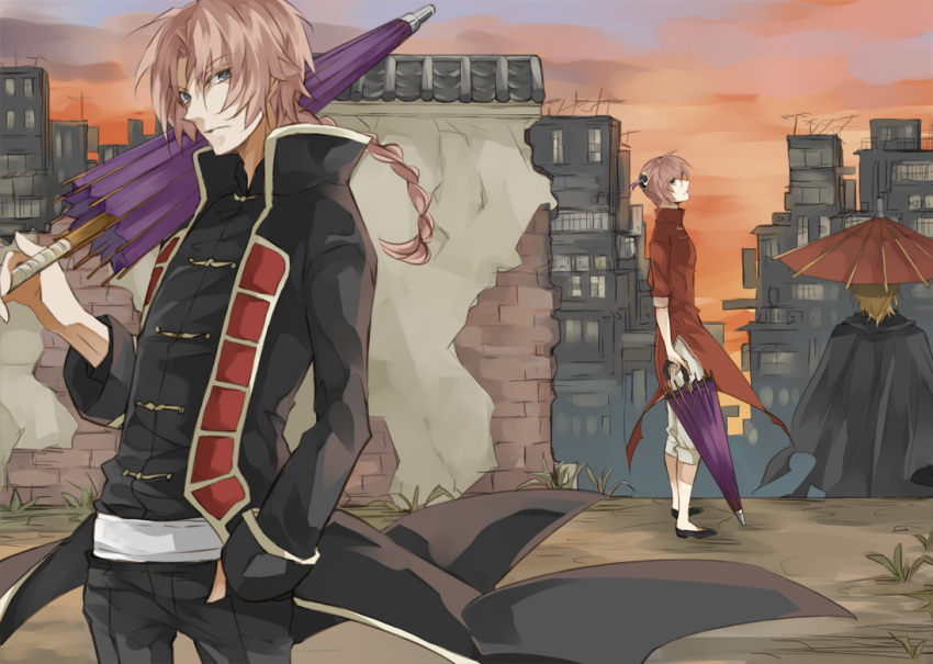 2boys, abuto, braid, brown_hair, bun_cover, cape, chinese_clothes, double_bun