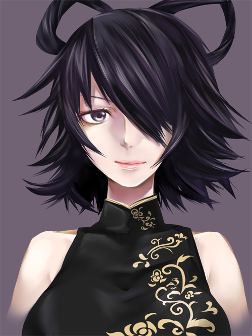 alternate_costume, alternate_hair_color, bare_shoulders, beniyaorin, black_hair, bust, china_dress, chinese_clothes