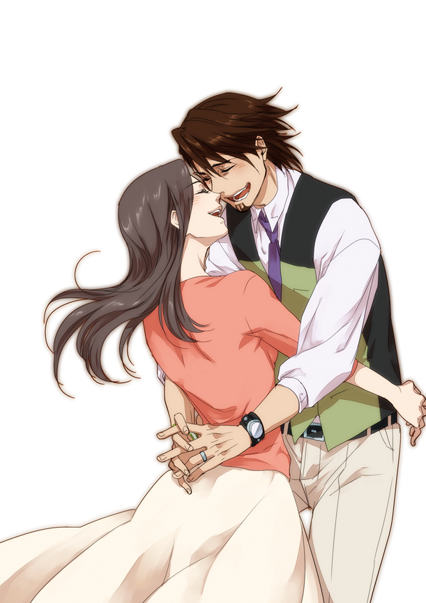 1girl, anth, brown_eyes, brown_hair, couple, facial_hair, hug, husband_and_wife, jewelry, kaburagi_t_kotetsu, kaburagi_tomoe, long_hair, necktie, ring, stubble, tiger_&amp;_bunny, vest, waistcoat, watch, wedding_band, wristwatch