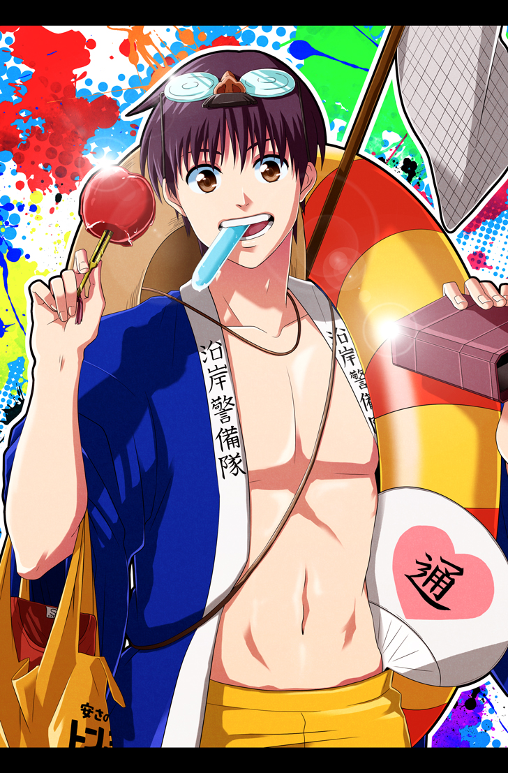 black_hair, brown_eyes, candy_apple, funny_glasses, gintama, glasses, jacket, japanese_clothes