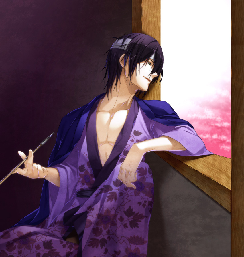 bandage_over_one_eye, gintama, green_eyes, japanese_clothes, kiseru, pesu_(penpen), pipe, purple_hair