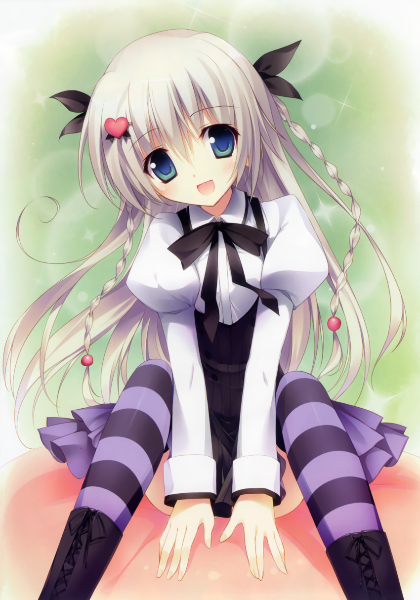 :d, absurdres, aoi_yachiho, boots, braid, green_eyes, hair_ornament, highres