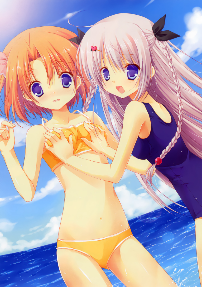 :d, absurdres, aoi_yachiho, bikini, blue_eyes, blush, braid, breast_grab