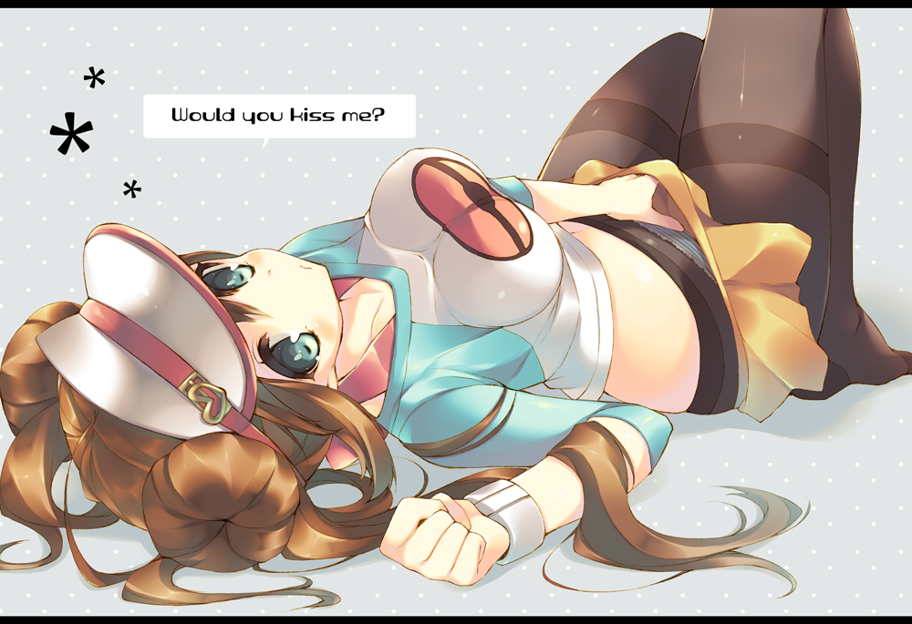 black_legwear, blue_eyes, breasts, brown_hair, double_bun, english, enomoto_hina, hand_in_skirt, letterboxed, long_hair, lying, mei_(pokemon), midriff, navel, on_back, panties, panties_over_pantyhose, pantyhose, pokemon, pokemon_(game), pokemon_bw2, raglan_sleeves, skirt, solo, striped, striped_panties, twintails, underwear, visor_cap