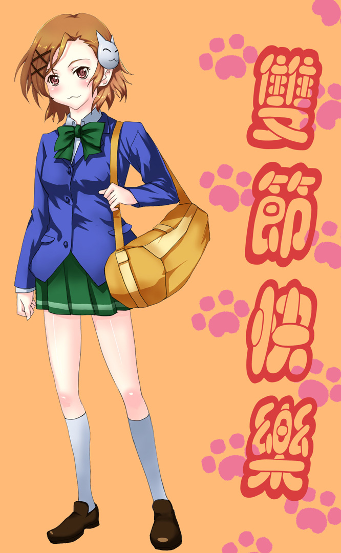1girl, accel_world, brown_eyes, brown_hair, cat_hair_ornament, kurashima_chiyuri, school_uniform, short_hair