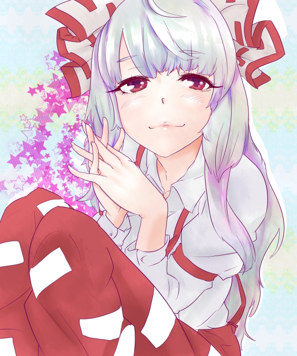 :3, bad_id, baggy_pants, blush, bow, fujiwara_no_mokou, hair_bow, hair_ornament