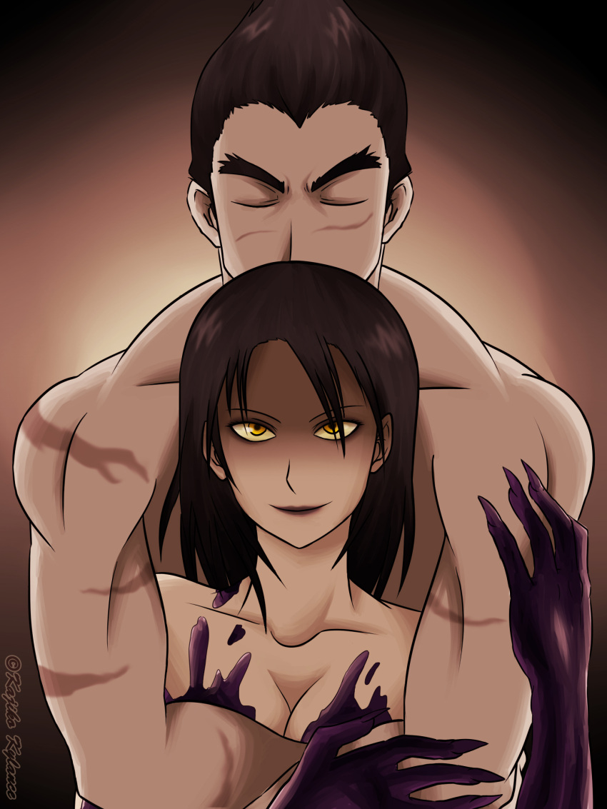 1girl, black_hair, breasts, cleavage, closed_eyes, dark_persona, eyebrows, eyes_closed, highres, hug, hug_from_behind, kazama_jun, kylance, long_hair, mishima_kazuya, namco, nude, scar, tekken, tekken_, tekken_tag_tournament, tekken_tag_tournament_2, thick_eyebrows, unknown_(tekken), yellow_eyes