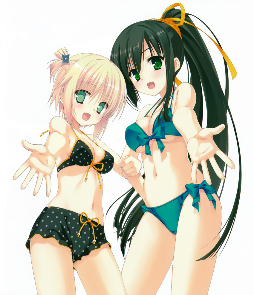 bikini, black_hair, blonde_hair, breasts, cleavage, front-tie_top, green_eyes, highres