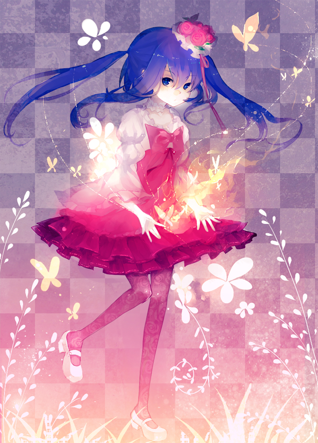 blue_hair, bow, butterfly, chou, colxy, dress, floral_print, furudo_erika