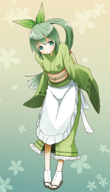 apron, arms_behind_back, gradient, gradient_background, green_eyes, green_hair, hair_ribbon, japanese_clothes