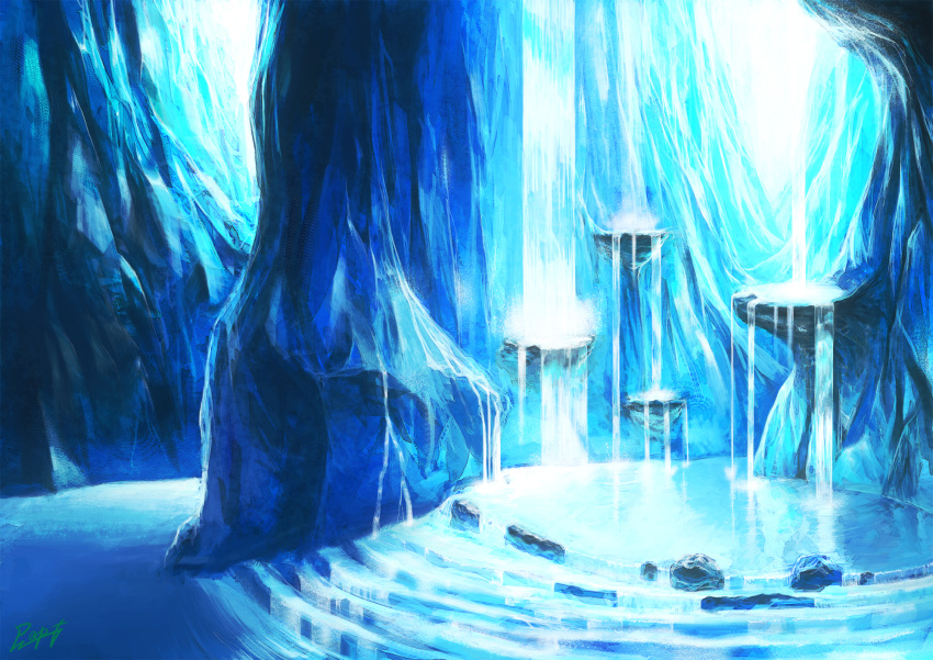 absurdres, highres, nature, no_humans, original, rapt_(47256), scenery, stairs, water, waterfall