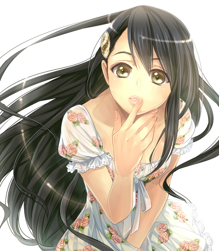 black_hair, dress, flower, fumi_(butakotai), hands, lips, long_hair, nail_polish, original, rose, solo, white_dress, yellow_eyes